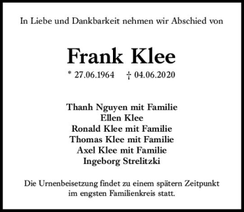 Traueranzeige von Frank Klee von vrm-trauer