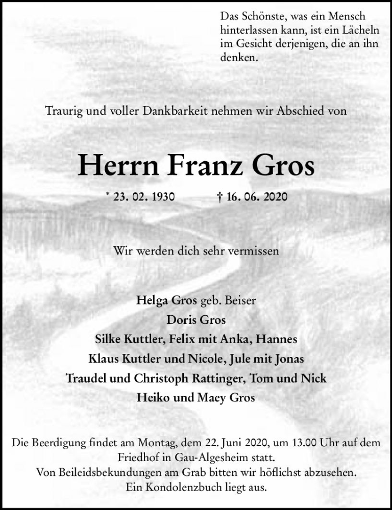  Traueranzeige für Franz Gros vom 19.06.2020 aus vrm-trauer