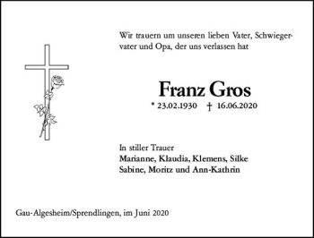 Traueranzeige von Franz Gros von vrm-trauer