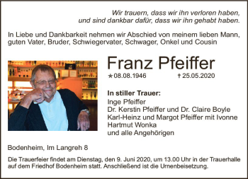 Traueranzeige von Franz Pfeiffer von vrm-trauer