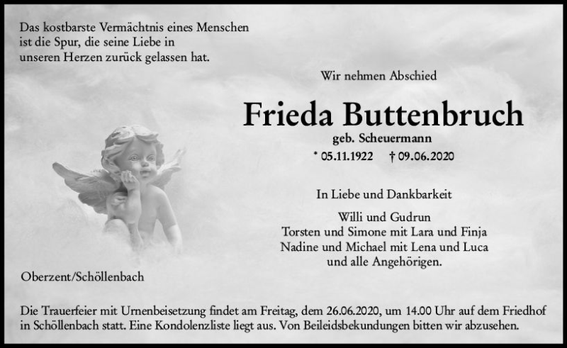  Traueranzeige für Frieda Buttenbruch vom 24.06.2020 aus vrm-trauer