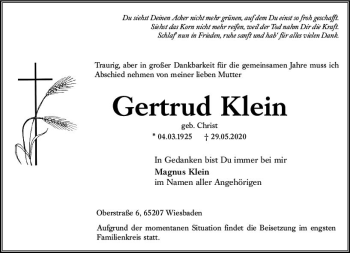 Traueranzeige von Gertrud Klein von vrm-trauer