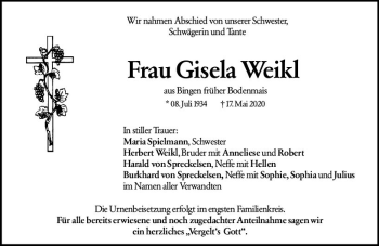 Traueranzeige von Gisela Weikl von vrm-trauer