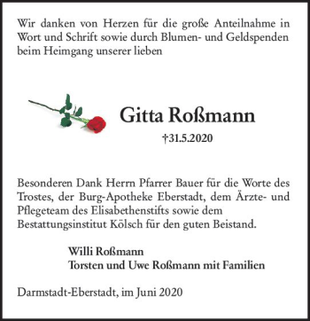 Traueranzeige von Gitta Roßmann von vrm-trauer