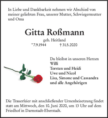 Traueranzeige von Gitta Roßmann von vrm-trauer