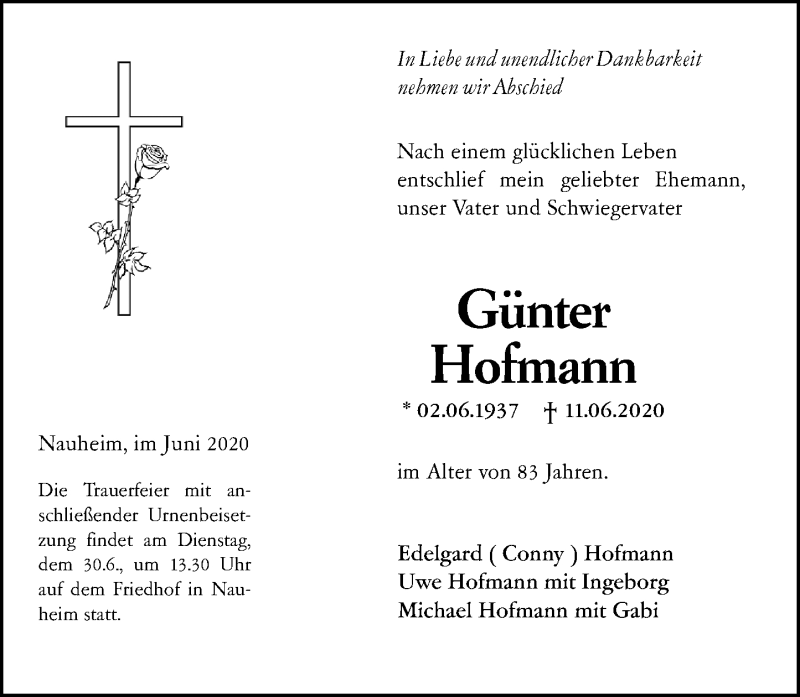  Traueranzeige für Günter Hofmann vom 27.06.2020 aus vrm-trauer