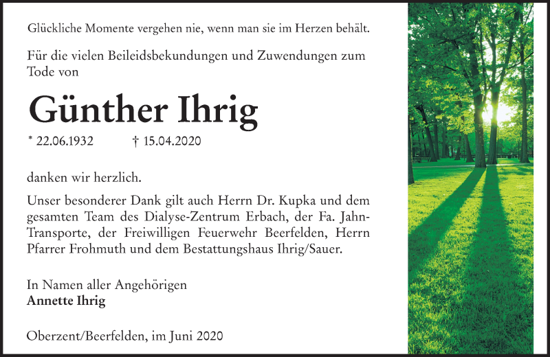  Traueranzeige für Günther Ihrig vom 27.06.2020 aus vrm-trauer