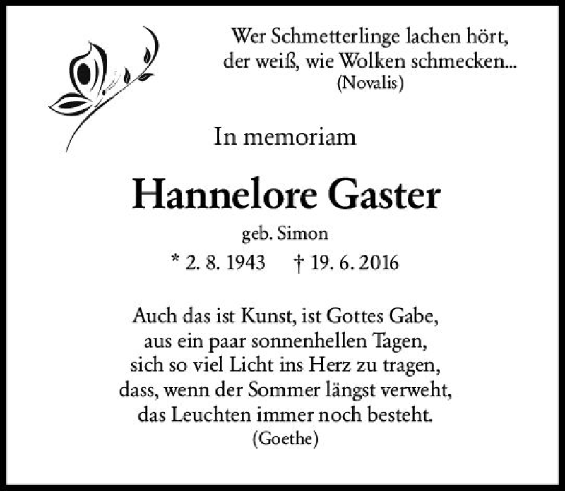 Traueranzeige für Hannelore Gaster vom 19.06.2020 aus vrm-trauer
