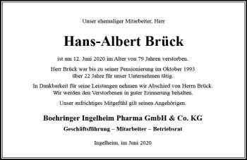 Traueranzeige von Hans-Albert Brück von vrm-trauer