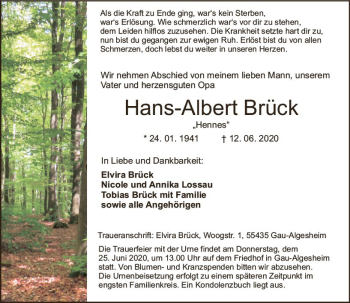 Traueranzeige von Hans-Albert Brück von vrm-trauer
