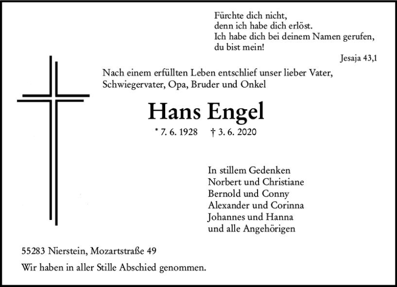  Traueranzeige für Hans Engel vom 13.06.2020 aus vrm-trauer