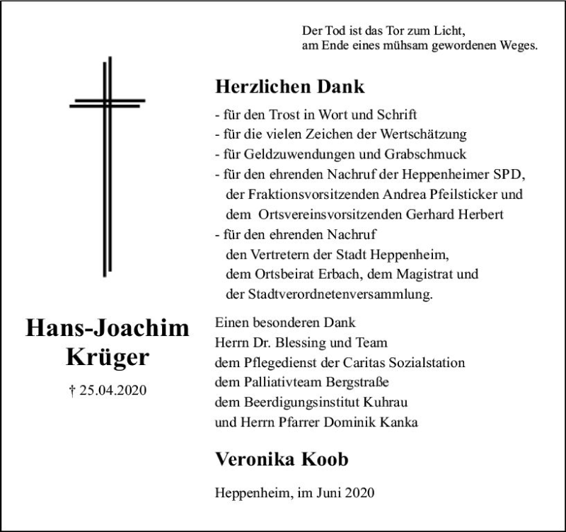  Traueranzeige für Hans-Joachim Krüger vom 12.06.2020 aus vrm-trauer
