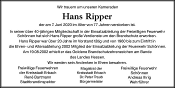 Traueranzeige von Hans Ripper von vrm-trauer