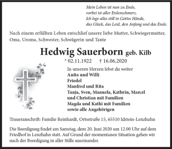 Traueranzeige von Hedwig Sauerborn von vrm-trauer
