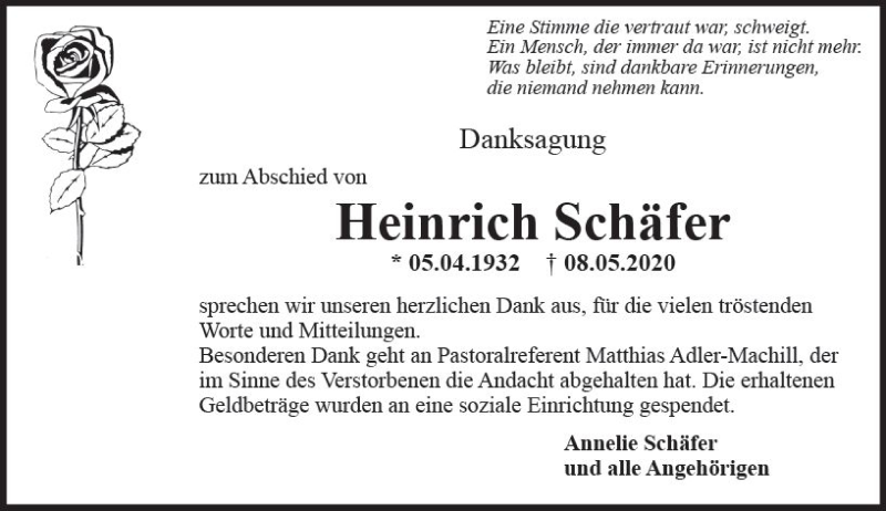  Traueranzeige für Heinrich Schäfer vom 05.06.2020 aus vrm-trauer