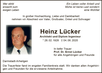 Traueranzeige von Heinz Lücker von vrm-trauer