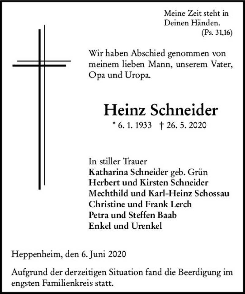  Traueranzeige für Heinz Schneider vom 06.06.2020 aus vrm-trauer
