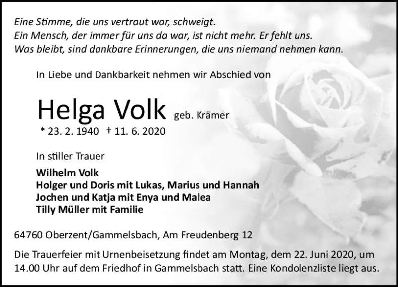  Traueranzeige für Helga Volk vom 17.06.2020 aus vrm-trauer