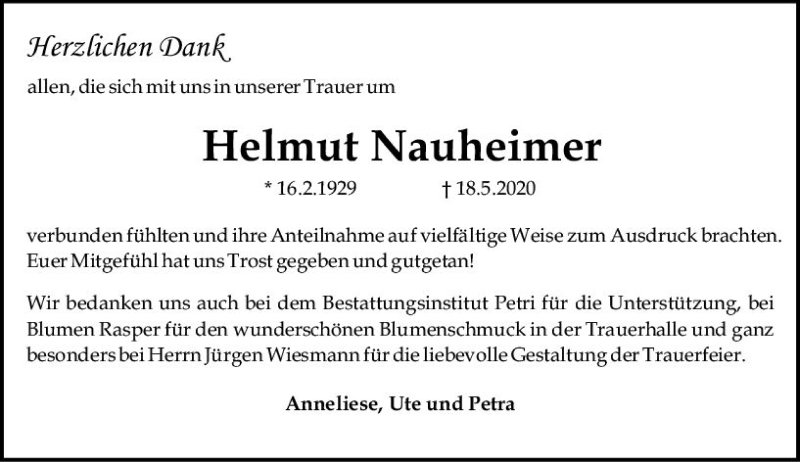  Traueranzeige für Helmut Nauheimer vom 20.06.2020 aus vrm-trauer