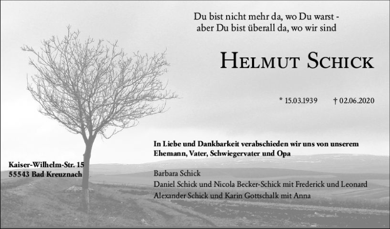  Traueranzeige für Helmut Schick vom 15.06.2020 aus vrm-trauer