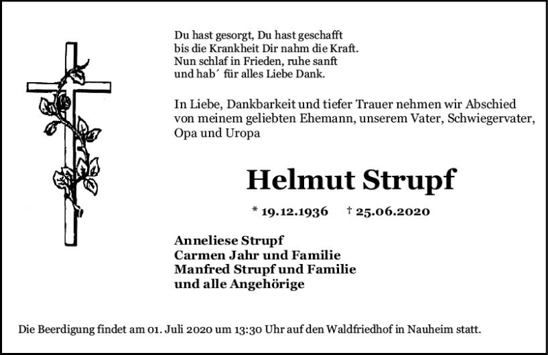  Traueranzeige für Helmut Strupf vom 29.06.2020 aus vrm-trauer