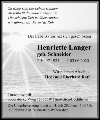 Traueranzeige von Henriette Langer von vrm-trauer