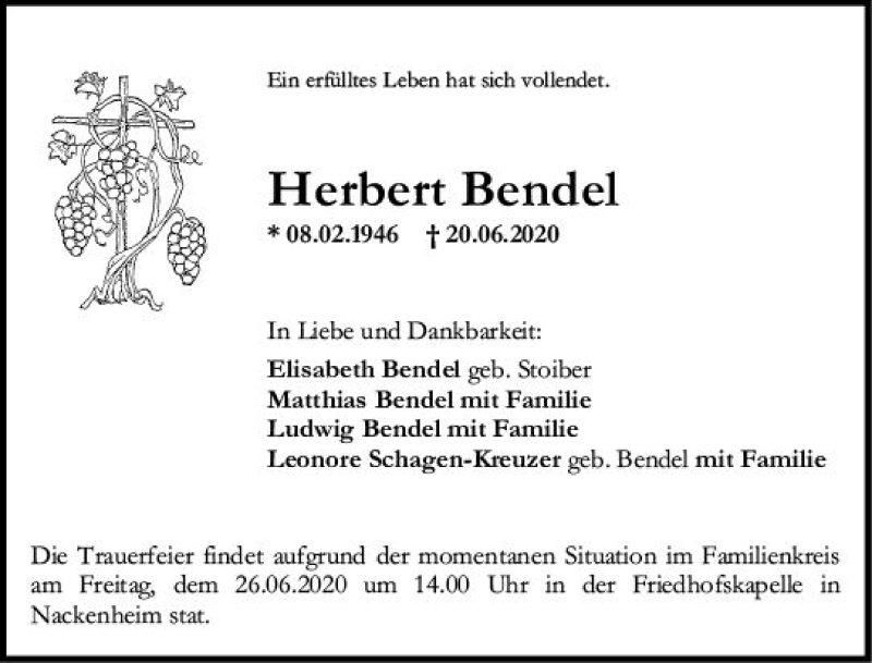  Traueranzeige für Herbert Bendel vom 24.06.2020 aus vrm-trauer