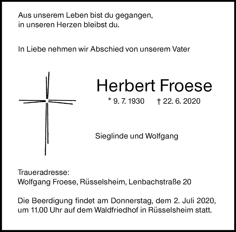  Traueranzeige für Herbert Froese vom 27.06.2020 aus vrm-trauer