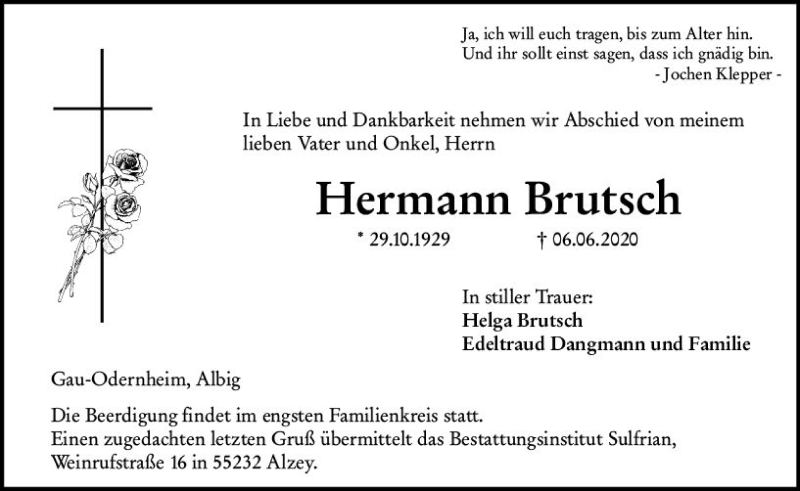  Traueranzeige für Hermann Brutsch vom 10.06.2020 aus vrm-trauer