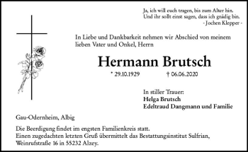 Traueranzeige von Hermann Brutsch von vrm-trauer