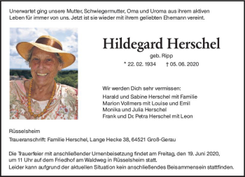 Traueranzeige von Hildegard Herschel von vrm-trauer