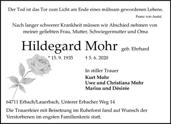 Traueranzeige von Hildegard Mohr von vrm-trauer