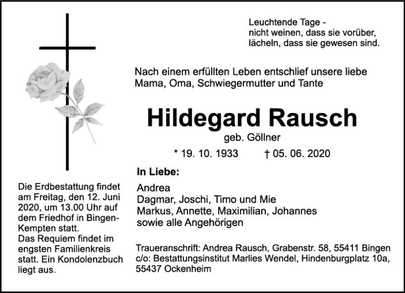  Traueranzeige für Hildegard Rausch vom 10.06.2020 aus vrm-trauer