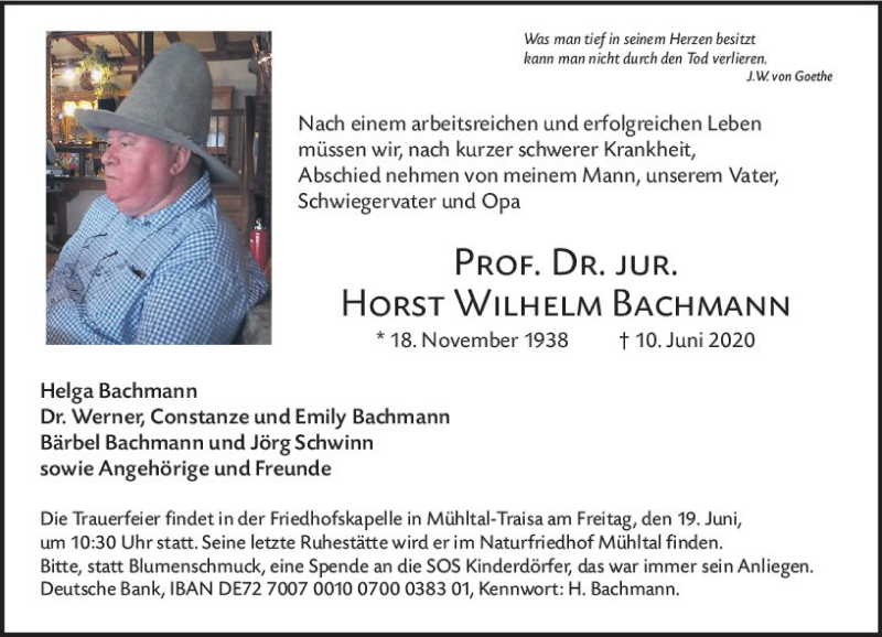  Traueranzeige für Horst Wilhelm Bachmann vom 17.06.2020 aus vrm-trauer