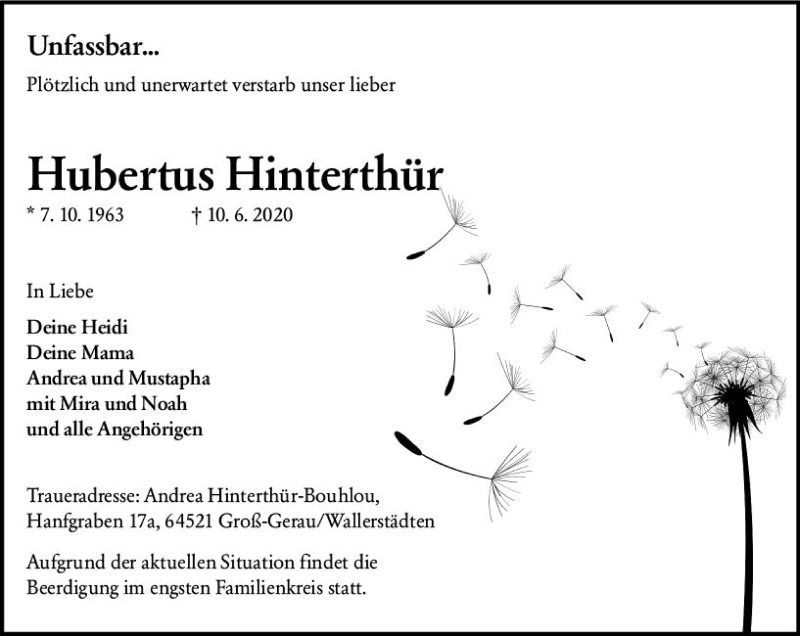  Traueranzeige für Hubemus Hinterthü vom 13.06.2020 aus vrm-trauer