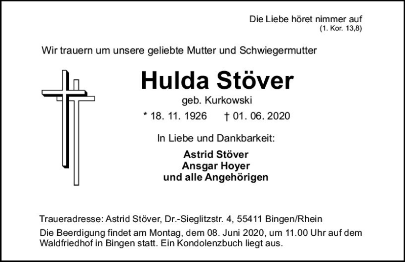  Traueranzeige für Hulda Stöver vom 04.06.2020 aus vrm-trauer