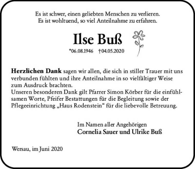  Traueranzeige für Ilse Buß vom 20.06.2020 aus vrm-trauer