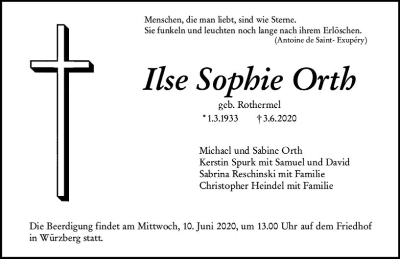  Traueranzeige für Ilse Sophie Orth vom 06.06.2020 aus vrm-trauer