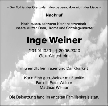 Traueranzeige von Inge Weiner von vrm-trauer