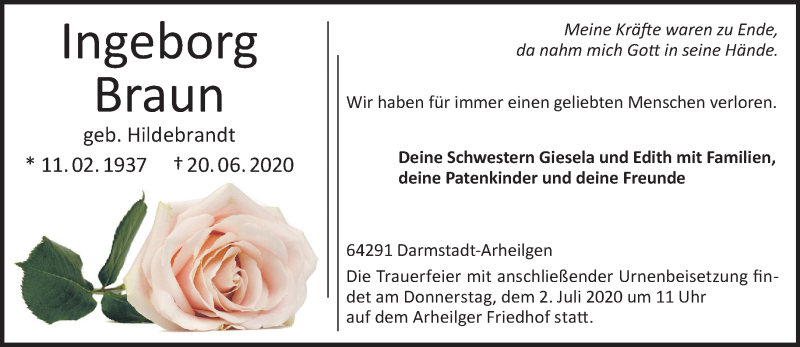  Traueranzeige für Ingeborg Braun vom 27.06.2020 aus vrm-trauer
