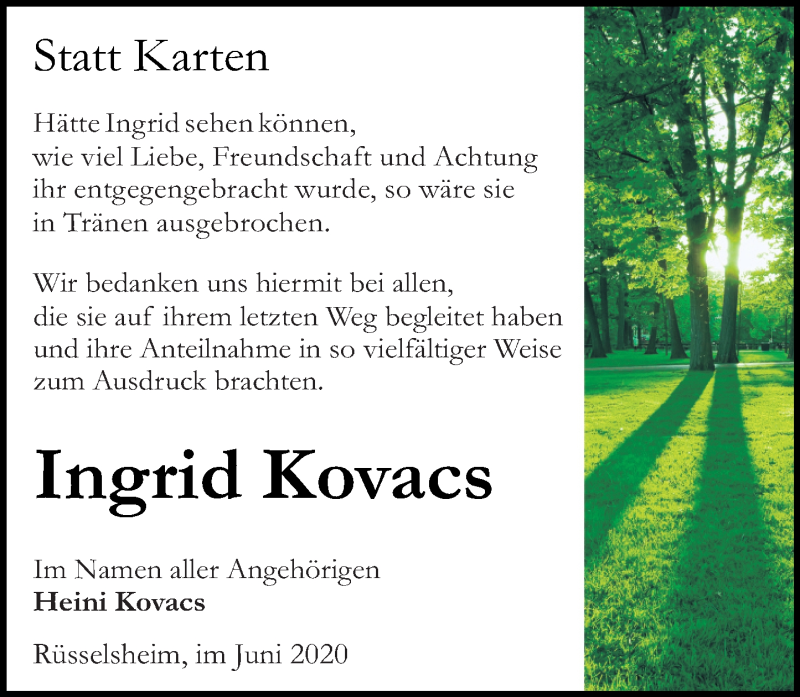  Traueranzeige für Ingrid Kovacs vom 27.06.2020 aus vrm-trauer