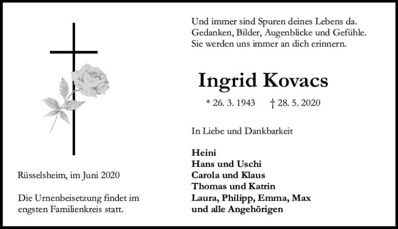  Traueranzeige für Ingrid Kovacs vom 06.06.2020 aus vrm-trauer