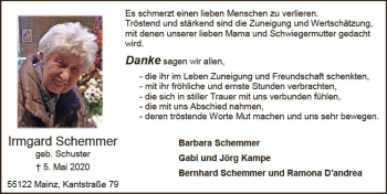 Traueranzeige von Irmgard Schemmer von vrm-trauer