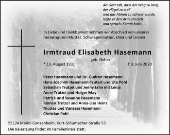 Traueranzeige von Irmtraud Elisabeth Hasemann von vrm-trauer