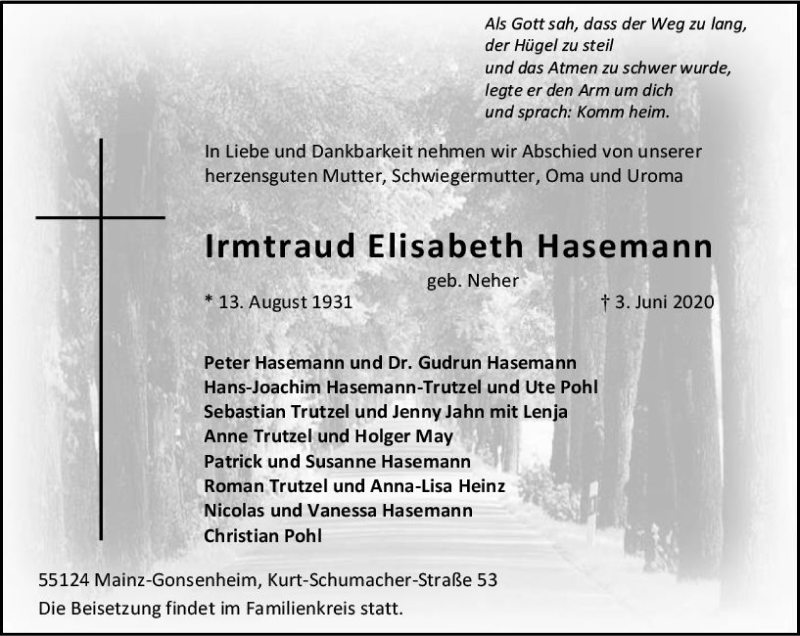  Traueranzeige für Irmtraud Elisabeth Hasemann vom 06.06.2020 aus vrm-trauer
