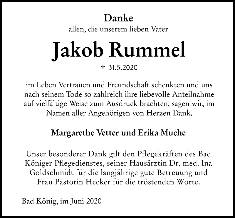  Traueranzeige für Jakob Rummel vom 27.06.2020 aus vrm-trauer