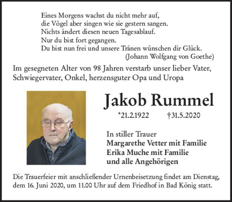  Traueranzeige für Jakob Rummel vom 13.06.2020 aus vrm-trauer