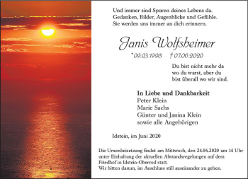 Traueranzeige von Janis Wolfsheimer von vrm-trauer