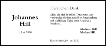 Traueranzeige von Johannes Hill von vrm-trauer