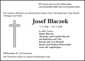 Traueranzeige von Josef Blaczek von vrm-trauer